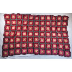 Handmade Afghan Blanket Square Pattern MultiColor Crochet Knit Approx 53"X33"